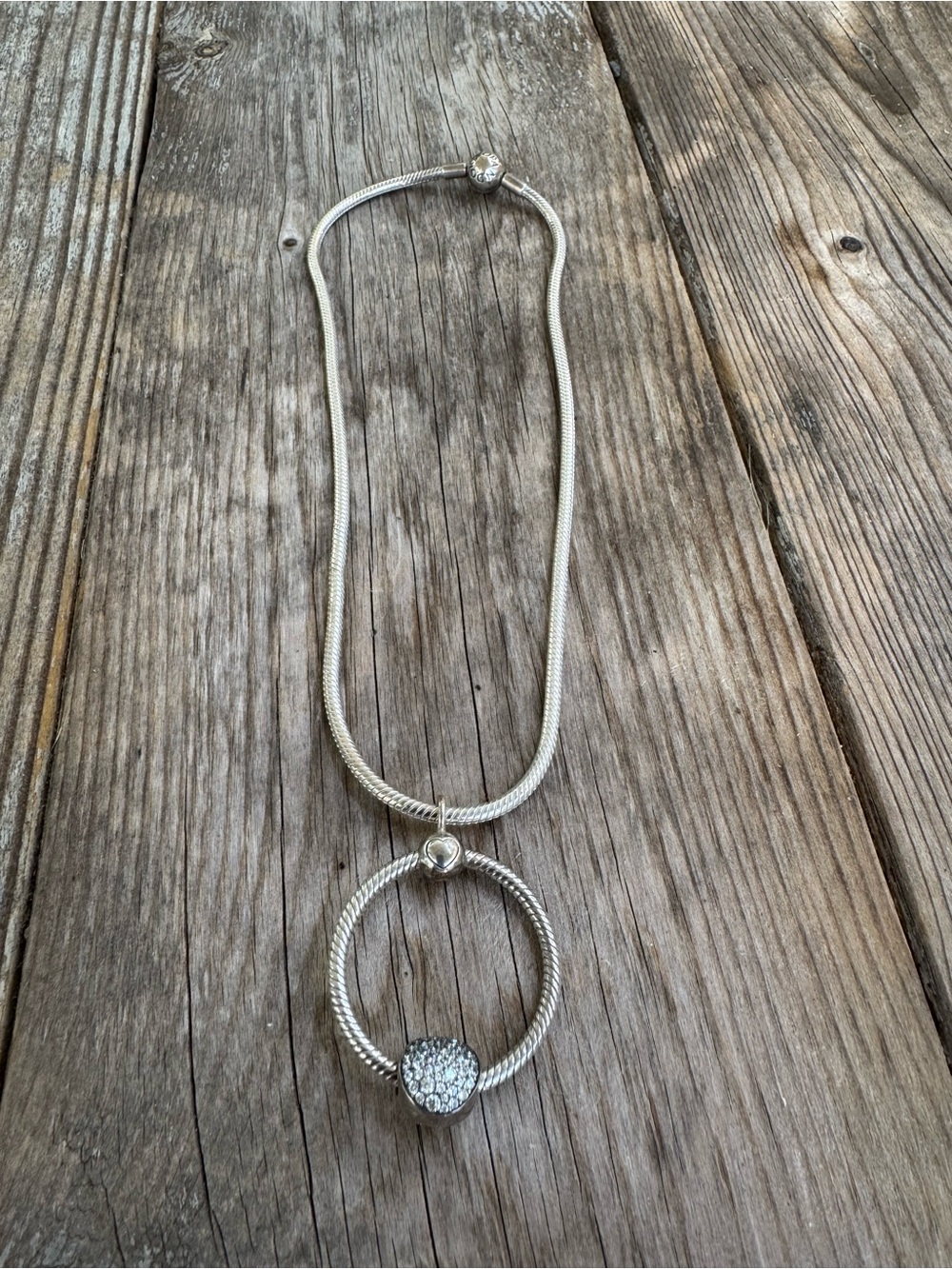 Pandora Silver Necklace with Sparkling Heart Hoop Pendant